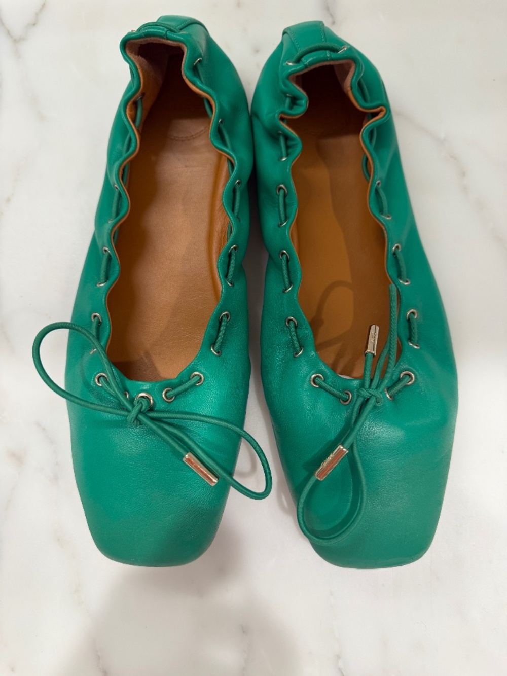 Chloe' Green Ballerina Flats Shoes 7.5 EU 37.5 Box & Dust Bag